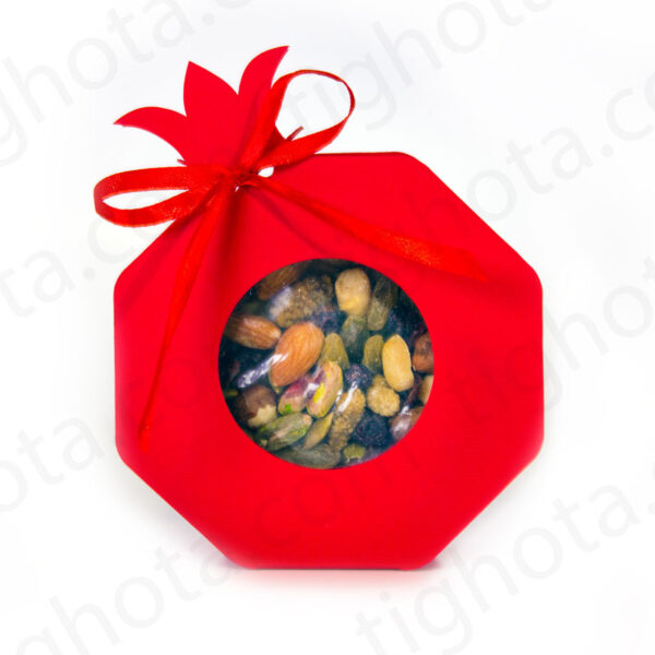 جعبه مقوایی خاص شکل انار مخصوص شب یلدا پنجره دار از جنس مقوای فابریانو سایز 4*8*8 سانتیمتر