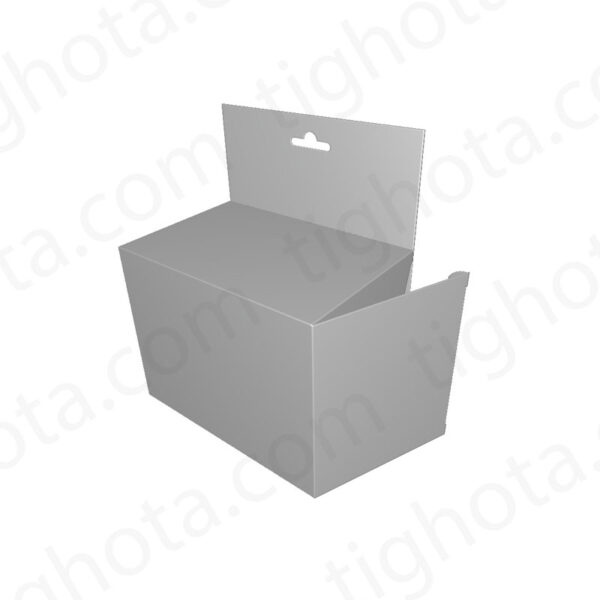 جعبه مقوایی درب از وجه کنار جعبه، مدل قفل معمولی، دارای محل آویز از استند، دارای تابلوی تبلیعاتی، محل اتصال لب چسب EVF11063