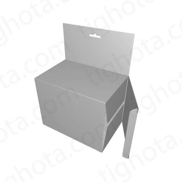 جعبه مقوایی درب از وجه کنار جعبه، جهت باز شدن متفاوت ، مدل قفل معمولی، دارای محل آویز از استند، دارای تابلوی تبلیعاتی، محل اتصال لب چسب EVF11064