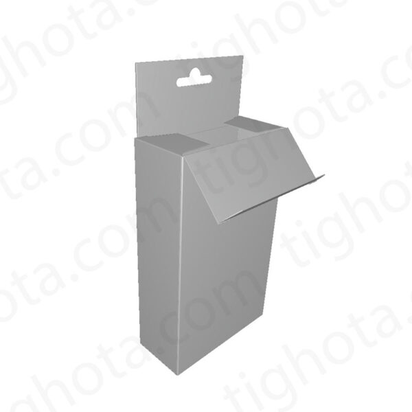 جعبه مقوایی درب از وجه بالای جعبه، مدل قفل معمولی، دارای محل آویز از استند، دارای تابلوی تبلیعاتی، محل اتصال لب چسب EVF11065