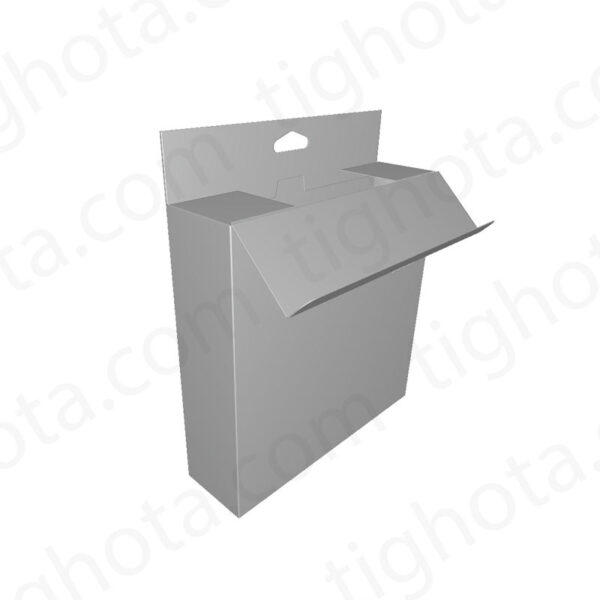 جعبه مقوایی درب از وجه بالای جعبه، مدل قفل معمولی، دارای محل آویز از استند، دارای ناخنی برای سریع باز شدن جعبه، دارای تابلوی تبلیعاتی، محل اتصال لب چسب EVF11066