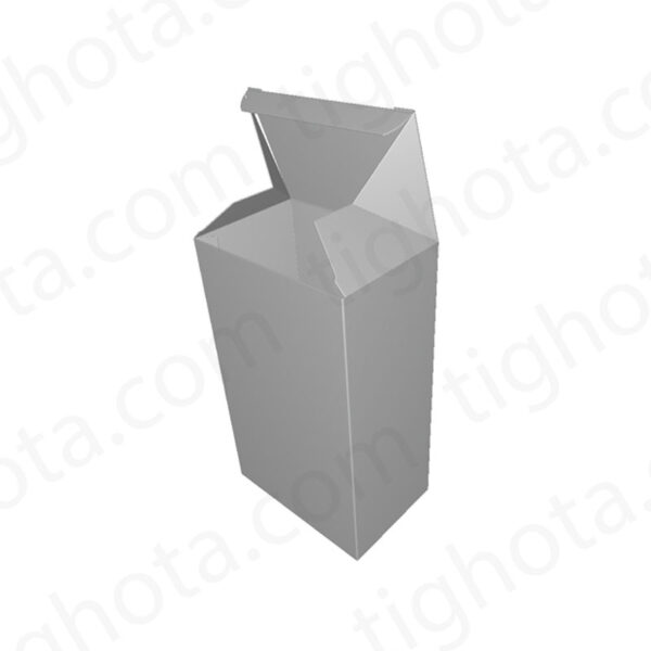 جعبه مقوایی درب از وجه بالا و پایین جعبه، مدل قفل خاص، دارای گردگیر متصل به بدنه بسته بندی، محل اتصال لب چسب EVF11090