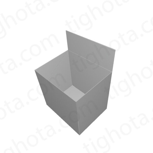 جعبه استند شو مقوایی درب از وجه بالای جعبه، مدل قفل عادی به همراه پرفراژ در طرفین بسته بندی، قفل زیر جعبه لاک باتم، محل اتصال لب چسب EVF11140