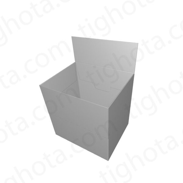 جعبه استند شو مقوایی، زبانه درگیر جهت ایستادن تابلوی استند، مدل قفل عادی به همراه پرفراژ در طرفین بسته بندی، قفل زیر جعبه لاک باتم، محل اتصال لب چسب EVF11141